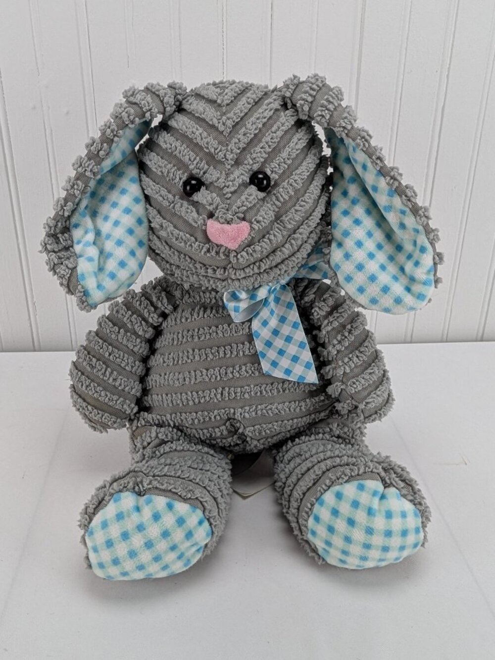 HugFun Gray Corduroy Bunny Rabbit Plush 12" Stuffed Animal Blue White Checkered